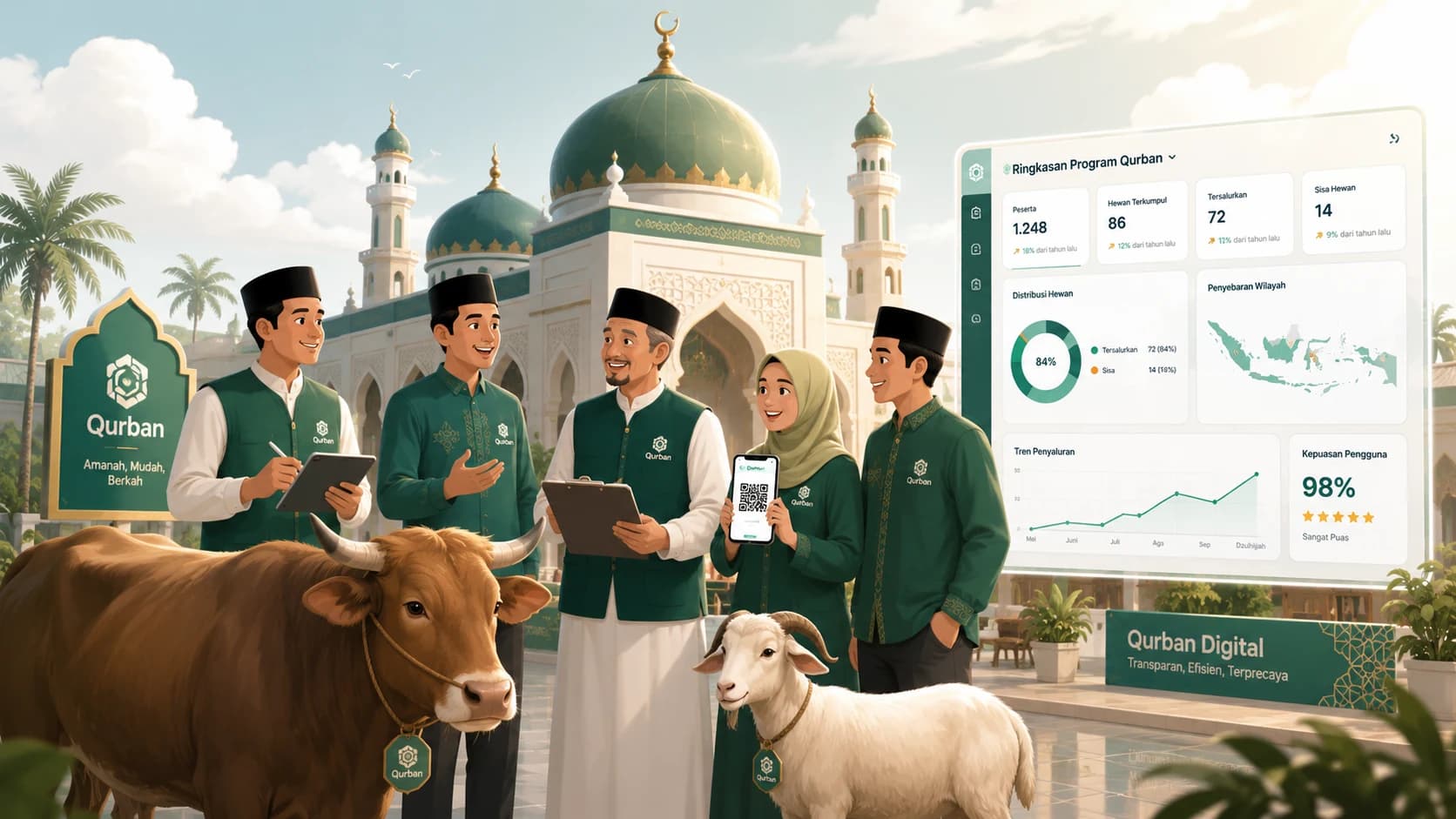 Panitia qurban termasuk seorang pria senior berpeci bersama sapi dan kambing dewasa di depan masjid serta dashboard digital