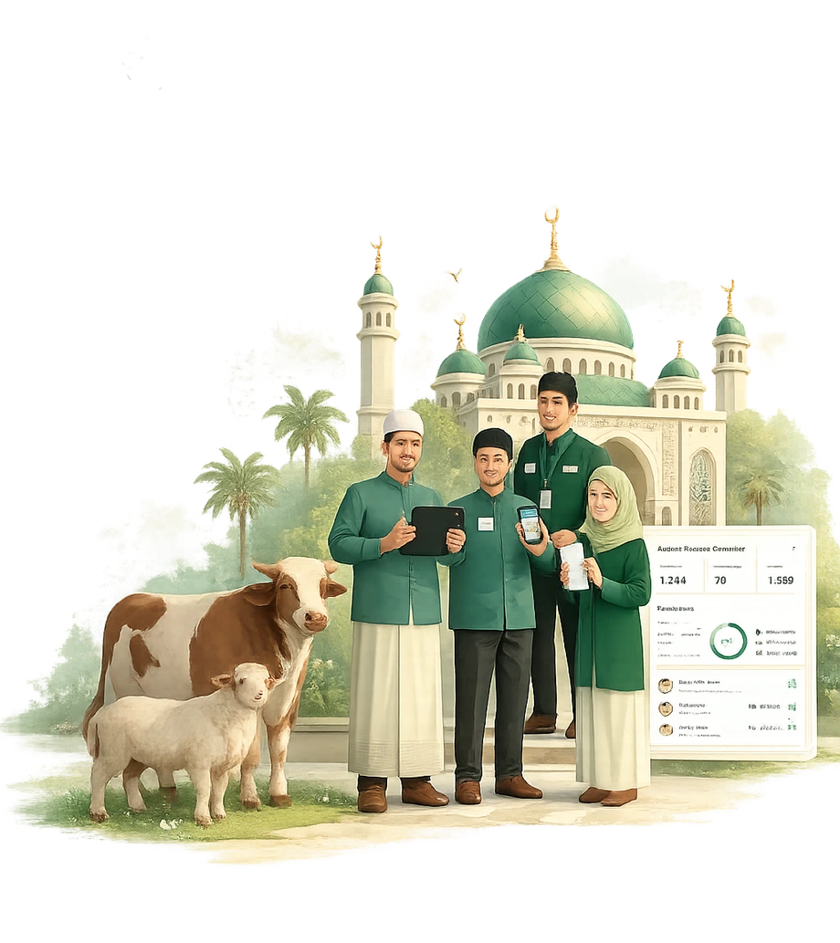 Panitia qurban Indonesia di depan masjid bersama sapi dewasa, kambing atau domba dewasa, dan dashboard pengelolaan digital.